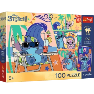 16553 Trefl Puzzle Premium Plus Kids - Plażowe dni, Lilo&Stitch + kolekcjonerski plakat 100 el.